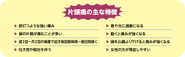 片頭痛の主な特徴 脈打つような強い痛み 頭の片側が痛むことが多い 週2回から～付き2回の頻度で起き毎回数時間～数日間続く 吐き気や嘔吐を伴う 音や光に過敏になる 動くと痛みが強くなる 頭を心臓より下げると痛みが強くなる 女性の方が発症しやすい
