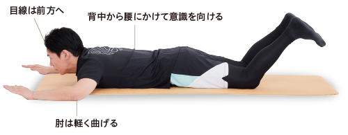 目線は前方へ 背中から腰にかけて意識を向ける 肘は軽く曲げる