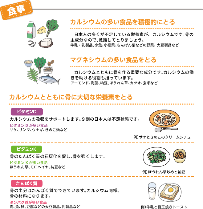 食事 カルシウムの多い食品を積極的にとる マグネシウムの多い食品をとる カルシウムとともに骨に大切な栄養素をとる ビタミンD ビタミンK タンパク質