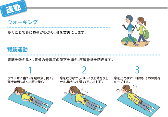 運動 ウォーキング:歩くことで骨に不可が掛かり、骨を丈夫にします。 背筋運動:背筋を鍛えると背骨の骨密度の低下を抑え、圧迫骨折を防ぎます。