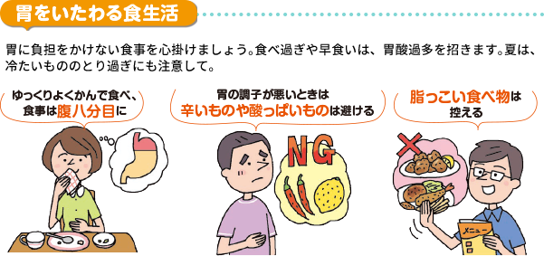 胃をいたわる食生活 胃に負担をかけない食事を心掛けましょう。食べ過ぎや早食いは、胃酸過多を招きます。夏は、冷たいもののとり過ぎにも注意して。