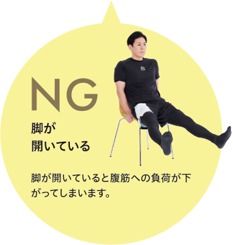 NG 脚が開いている 脚が開いていると腹筋への負荷が下がってしまいます。