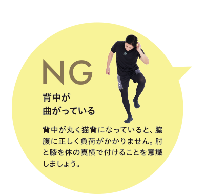 NG 背中が
曲がっている 背中が丸く猫背になっていると、脇腹に正しく負荷がかかりません。肘と膝を体の真横で付けることを意識しましょう。