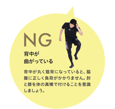 NG 背中が
曲がっている 背中が丸く猫背になっていると、脇腹に正しく負荷がかかりません。肘と膝を体の真横で付けることを意識しましょう。