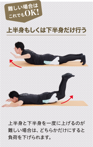 難しい場合はこれでもOK! 上半身もしくは下半身だけ行う 上半身と下半身を一度に上げるのが難しい場合は、どちらかだけにすると負荷を下げられます。
