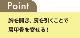 Point 峰を開き、腕を引くことで肩甲骨を寄せる！